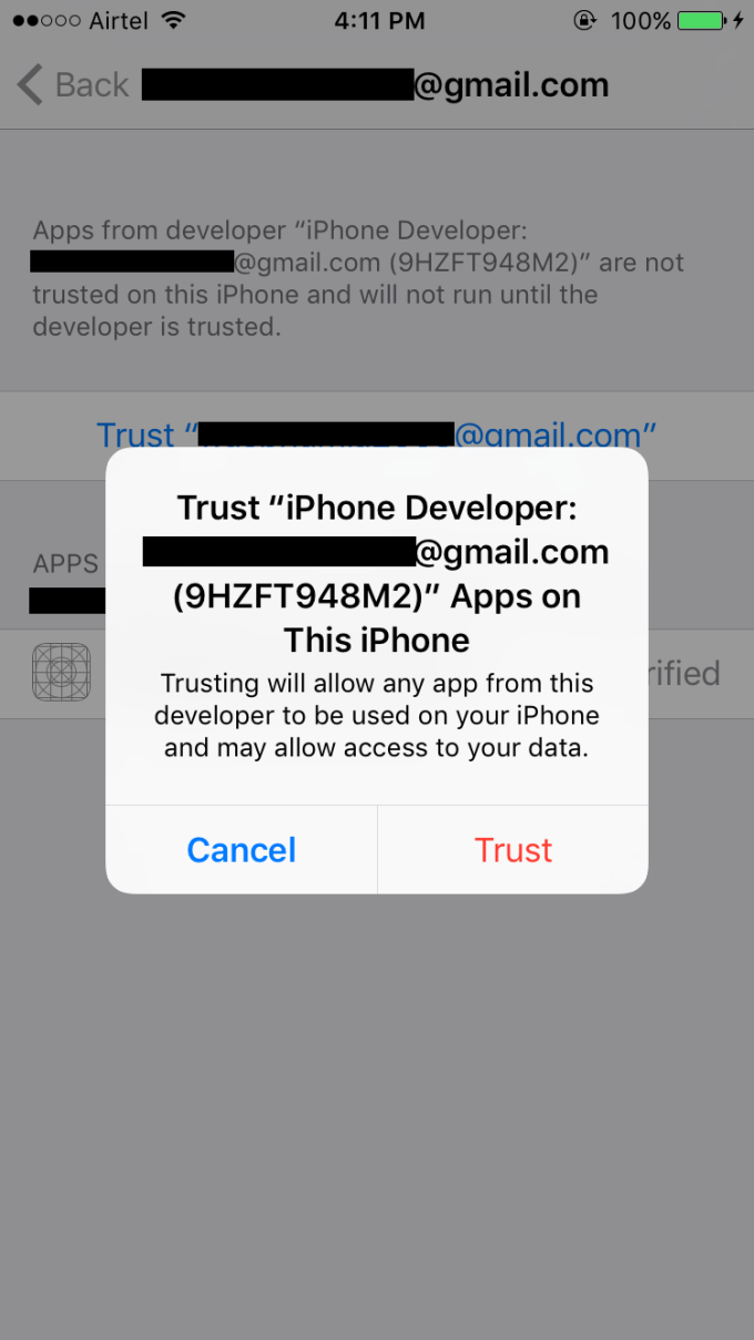 iOS trust developer confirmation dialog